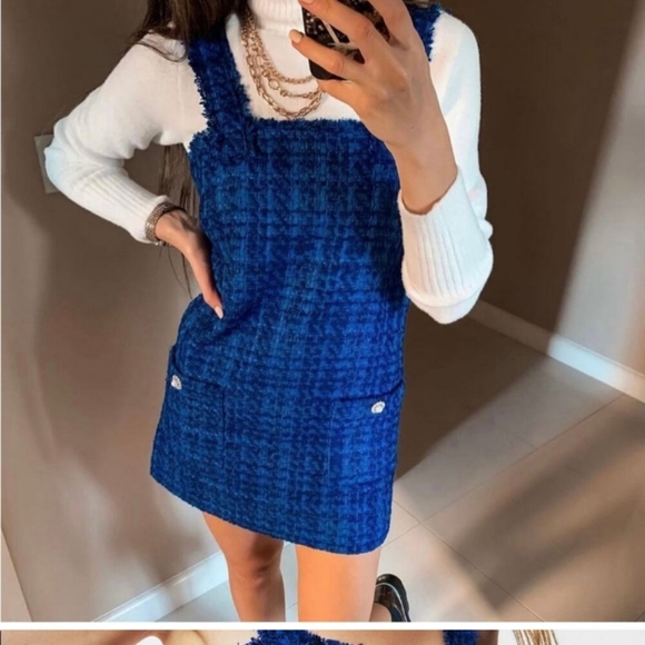 Zara Blue Tweed Jumper Dress Pinafore Mini Sleeveless Size Medium  With Pockets! - Picture 12 of 16